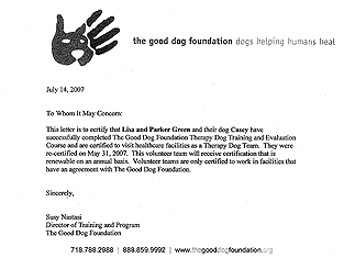 Casey's Therapy Dog
Training Certificate