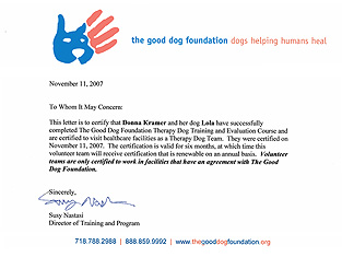 Lola's Therapy Dog
Training Certificate